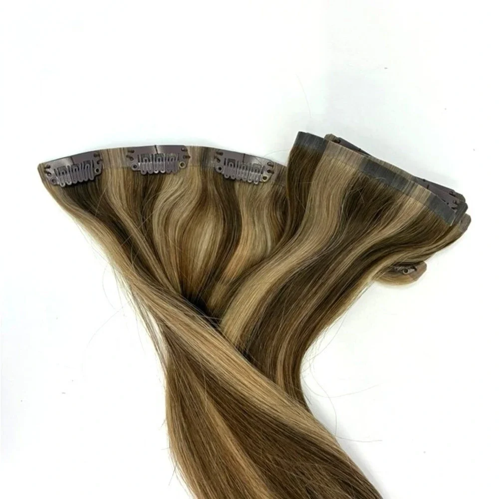 Glam Seamless Invisi Clip Human Hair Extensions 4/27 Brown Blonde 140g 18